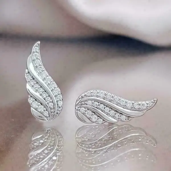 Elegant Angel Wings 925 Silver Ear Stud Earrings Women Cubic Zirconia A Pair/set