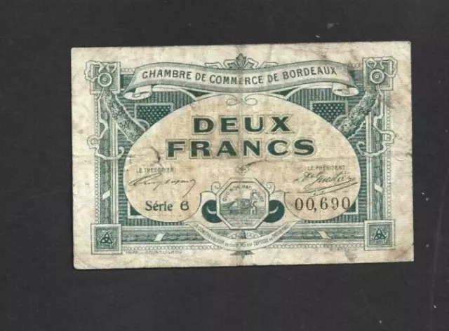 2 Francs Vg  Emergency Issued  Banknote  From France/Bordeaux 1917