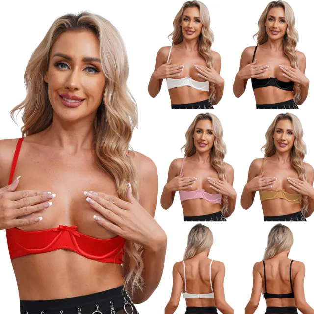 US Womens Sexy Shiny Satin Lingerie Underwire Half Cup Bow Push Up Bra Underwear