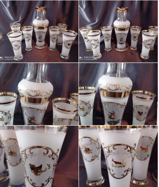 Czech bohemia crystal glass - Water, wine white set decorated gold and pictures
