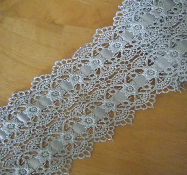 4'' Wide Rayon Venise Victorian Floral Lace Trim Silver Grey with Ribbon s0271
