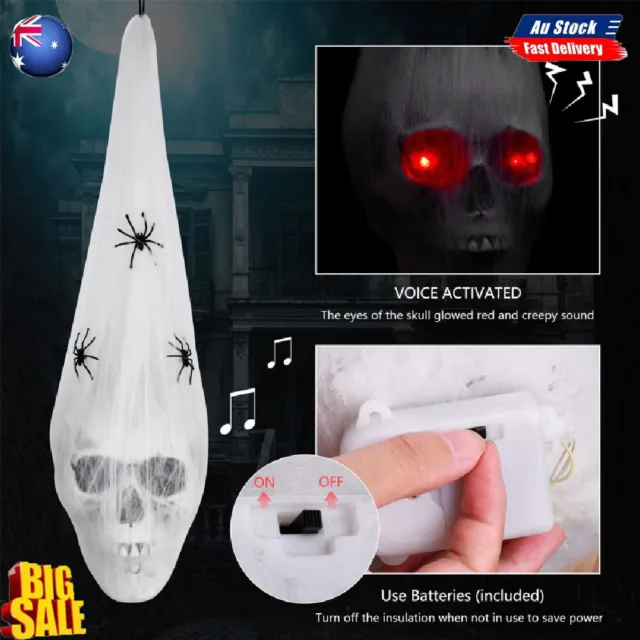 Halloween Horror Glowing Sound Control Spider Cotton Skull Prop NEW CG