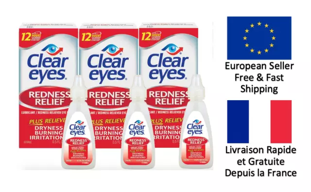 Clear Eyes Redness Relief 3 x 15 mL Gouttes soulage rougeurs et irritations Yeux