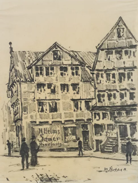 M. STOBBE (1883-1963), Messberg in Hamburg,  1914, Kohle Realismus Stadtbilder