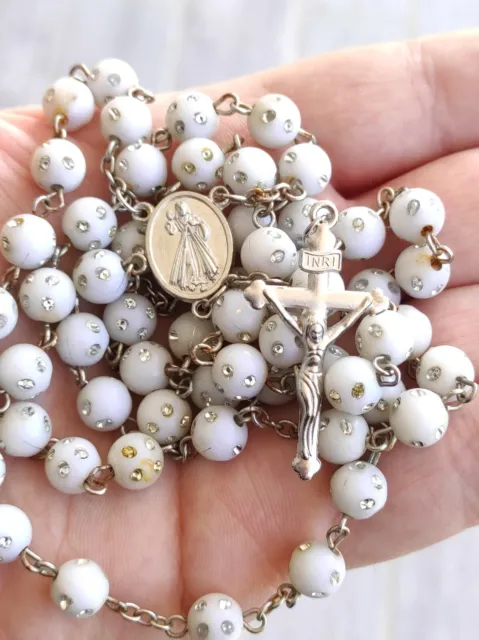 Rosary White Mary Jesus Icon Beads Antique 1900s Metal Crucifix Sacred Heart