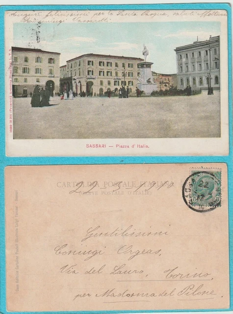 Cartolina  SASSARI  Piazza d'Italia   Viagg. 1910