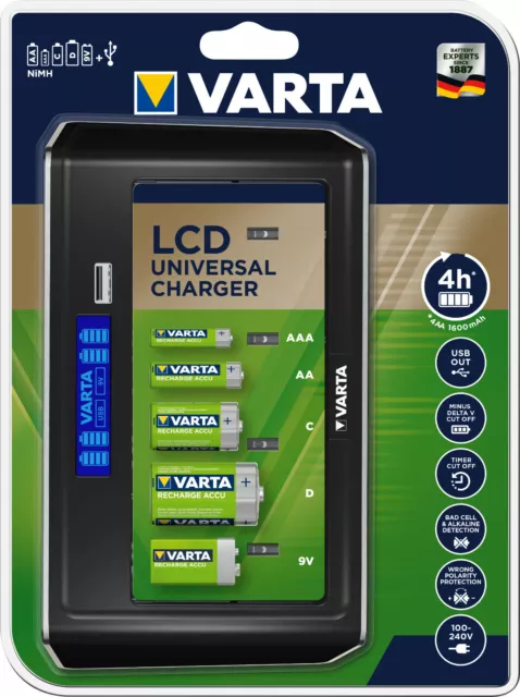 VARTA Akku NiMH, Universal Ladegerät, LCD Charger AAA - AA - Baby C - Mono D 9V