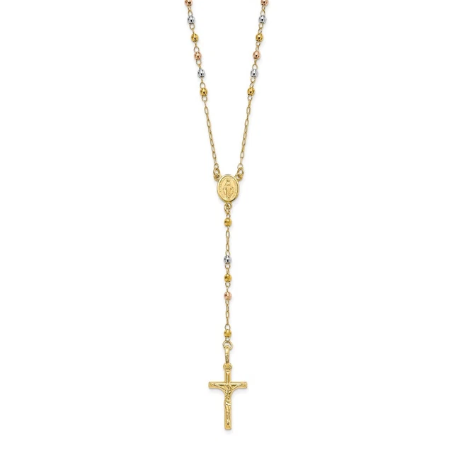 10k Tri-Color Gold Polished Faceted Beads Rosary Necklace for Womens 4.43g 10k Tri-Color Gold Polished Faceted Beads Rosary Necklace for Womens 4.43g