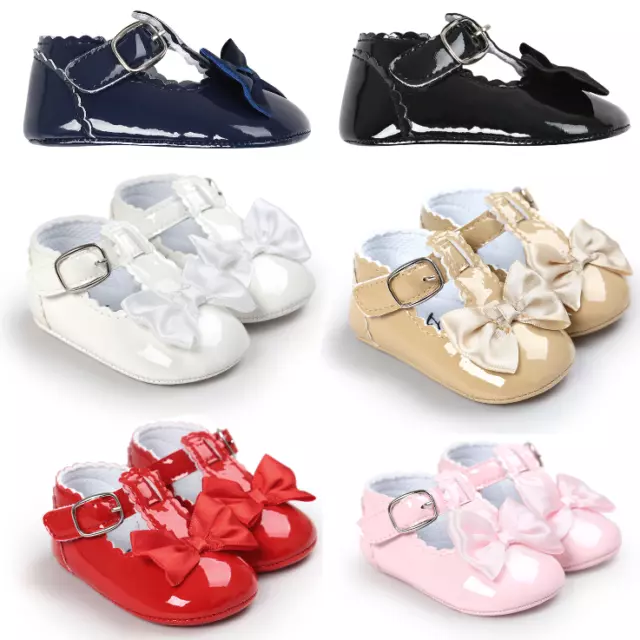 Newborn Infant Baby Girl Spanish Style Patent Pram Shoes Mary Jane Bowknot Shoes