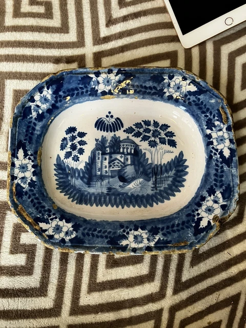 Early POLYCHROME 18th C Antique Dutch Delft Platter RARE 11 X 9.25 Blue White
