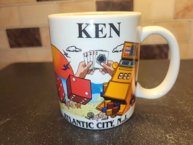 Vtg Personalized "Ken" White Atlantic City,NJ Coffee Mug Colorful Wraparound Art