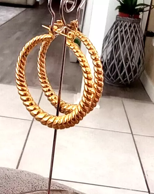 VTG 14K YELLOW gold hoop earrings, hollow rope design, pierced 1.5 ...