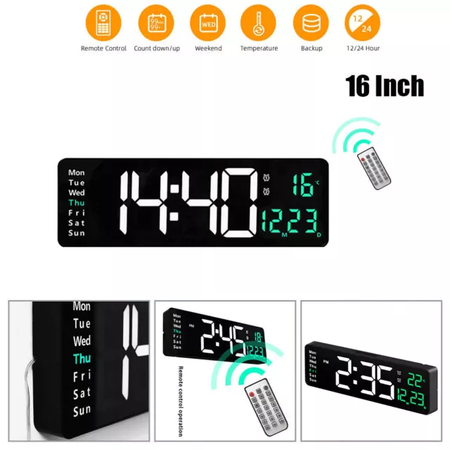 Large Jumbo Digital 16" LED Wall Clock Alarm Calendar Temperature Date Dimmer UK 3