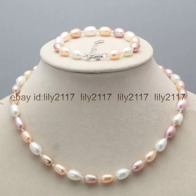 Pretty Real 7-8mm Multi-color Natural Freshwater Rice Pearl Necklace Bracelets