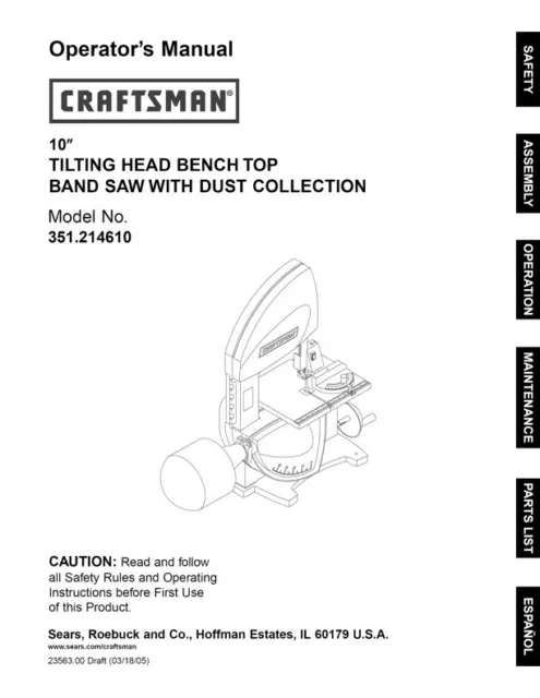 Owner's Manual & Parts List  Sears Craftsman 10" Band Saw - Model 351.214610