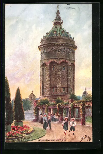 Künstler-AK Mannheim, Partie am Wasserturm 1910