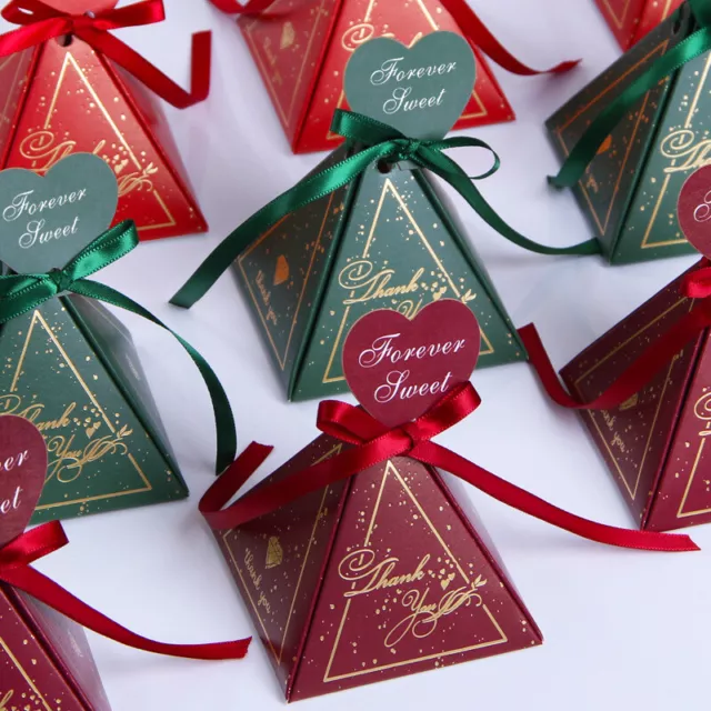 1-100X Dark Red Green Triangle Paper Party Wedding Favour Sweet Boxes + Ribbons