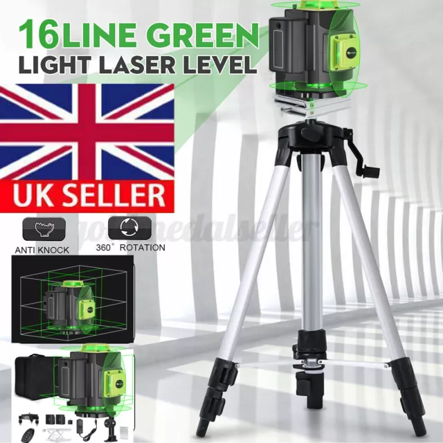 16 Line Laser Level Green Self Leveling 4D 360° Cross Measure Tool Kit & Tripod