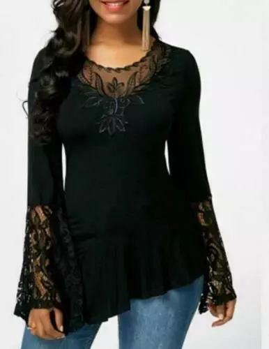 Womens Lace Blouse Long Sleeve Shirt Crew Neck Ladies Casual Tops Sexy Plus Size