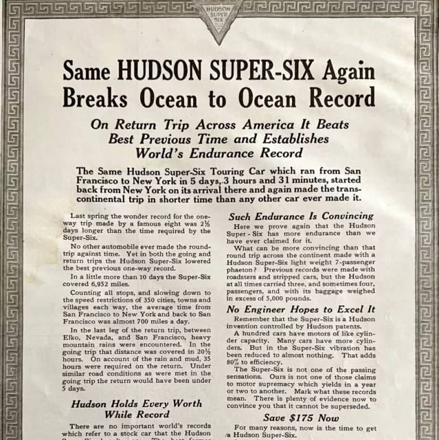 1916 Hudson Motors Super Six Record Advertisement Automobilia Ephemera DWMYC3