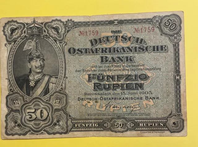 Notgeld Deutsch- Ostafrikanische Bank  50 Rupien 1905