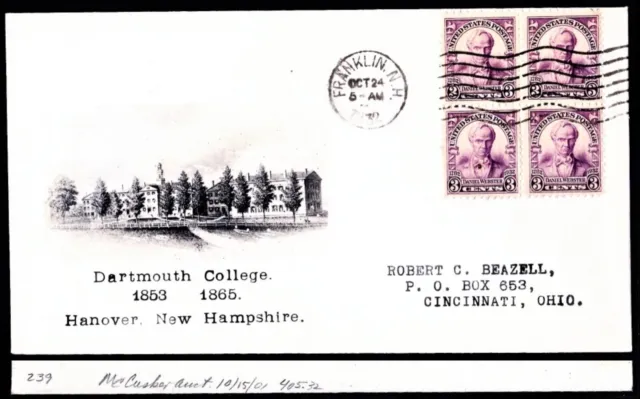 725 Webster First Day Cover FDC Franklin NH Oct 24 1932 Beazell Dartmouth Photo