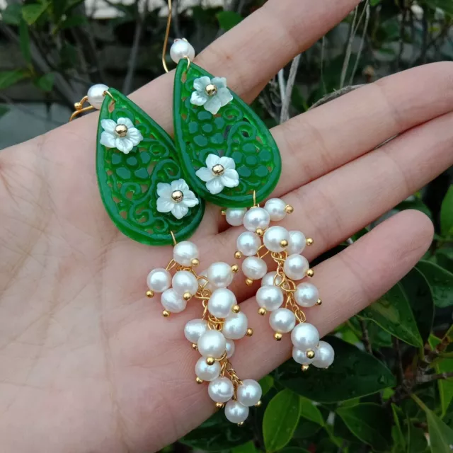 Green Jade Carved Sea Shell Flower White Pearl Cluster Earrings