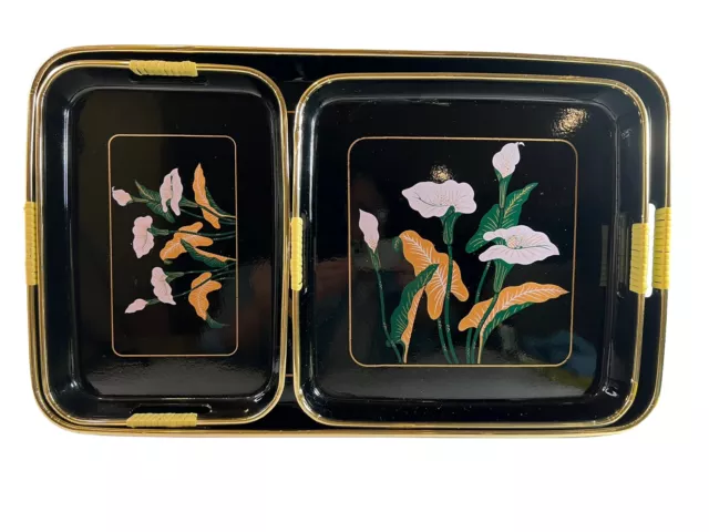 Vintage Set of 3 Japanese Flowers Laquer Ware Nesting Trays w/Gold Trim