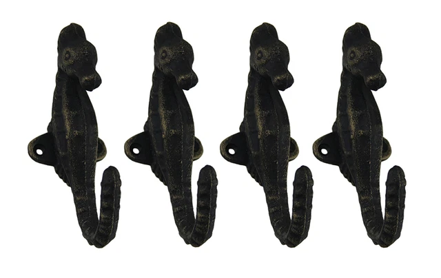 Set of 4 Faux Aged Bronze Finish Cast Iron Seahorse Wall Hooks