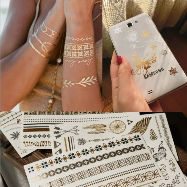 Gold Silver Temporary Metallic Tattoo Body Henna Jewellery Sticker Waterproof