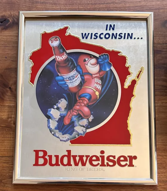 Vintage Budweiser Beer Flying Bud Man Wisconsin Mirror Bar Budman Sign 1991