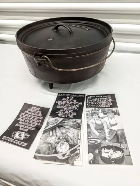 LODGE # 12 Cast Iron Camp Dutch Oven 3 Leg Kettle w/Lid & Manual Books In Box.