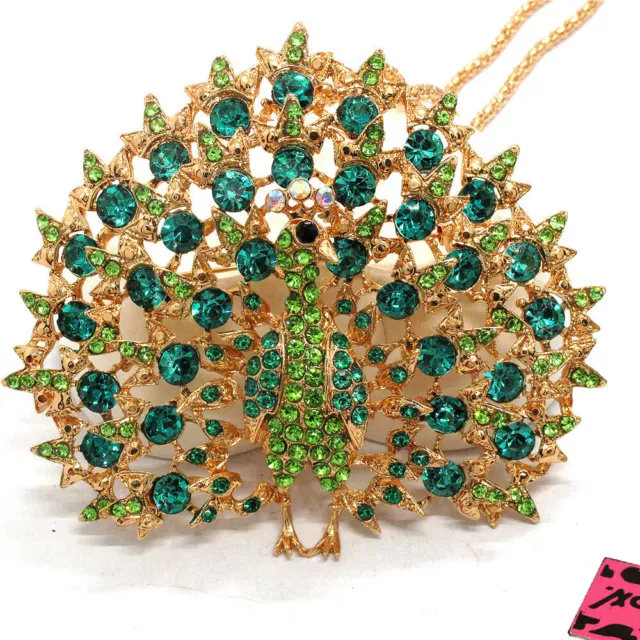 New Betsey Johnson Green Crystal Bling Peacock Animal Pendant Chain Necklace