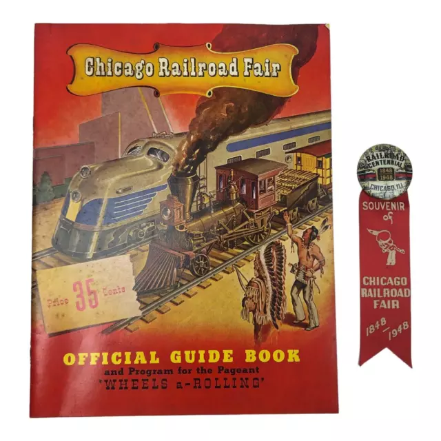 Chicago Railroad Fair Guide Book Centennial Pinback Button Ribbon Souvenir 1948