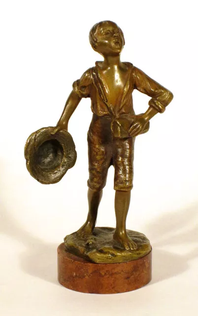 1800s Antique BAREFOOT BOY w/ HAT Bronze SCULPTURE FIGURINE Tom Sawyer Huck Finn