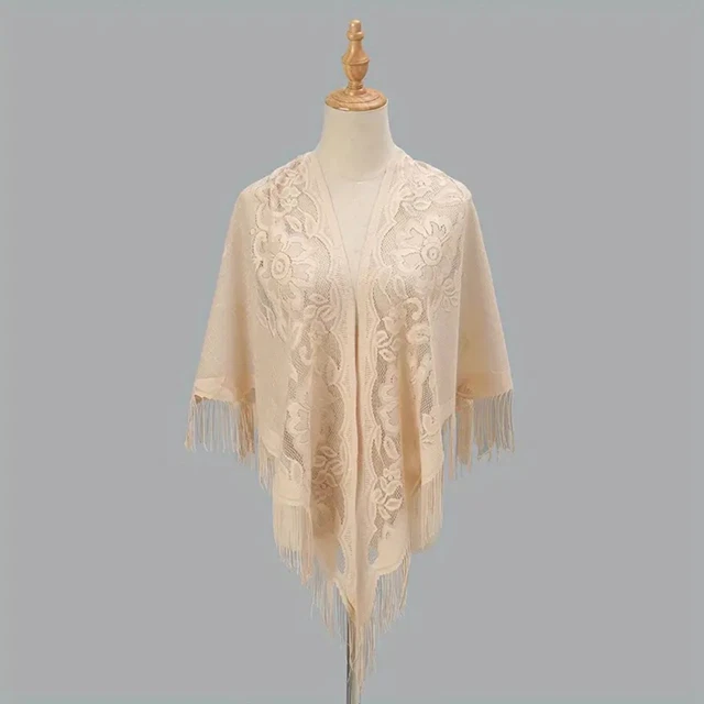 Flower Embroidery Triangle Tassel Scarf Beige Hollow Shawl Head Wrap Hair Accs