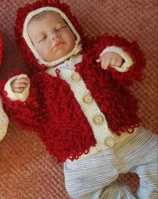 Newborn baby girls Hand Knitted crochet hat and cardigan  Red Cream Loopy Knit