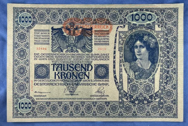 Austria 1902 - 1000 Kronen - 1919 Overprint - P-61.2 - Estimated EF
