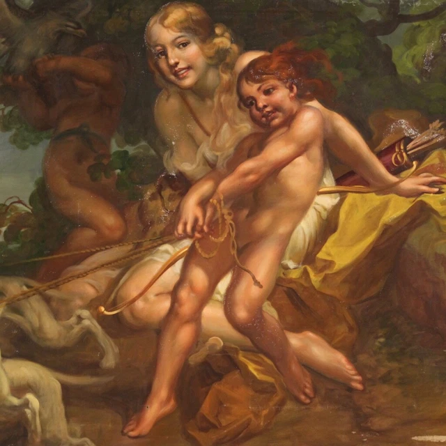 Gran pintura mitológica Diana cazadora cuadro óleo sobre lienzo siglo XX