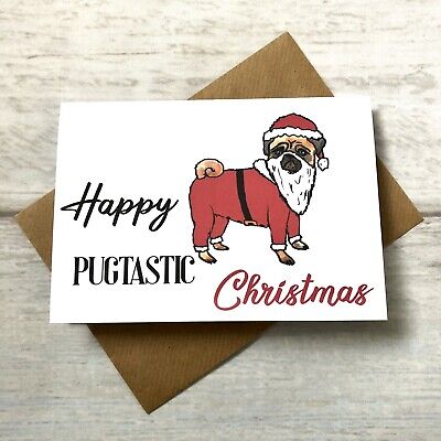 Happy Pugtastic Christmas Card (Blank Inside) Festive Merry Xmas Holiday Dogs