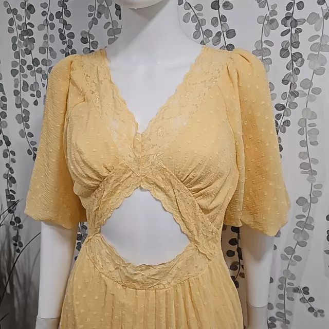 ASOS DESIGN lace insert cut out textured pleated midi dress in lemon yellow Sz 6 3