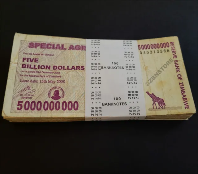 100 x 5 Billion Zimbabwe Dollars Special Agro Cheque 2008 100PCS + COA Authentic