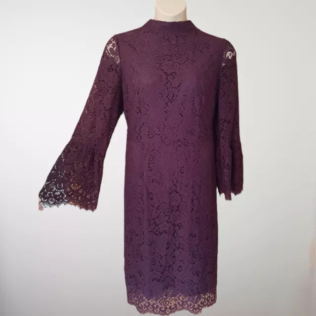 Joanna Hope Size 20 High Neck Lace Midi Dress Burgundy Red Flute Sleeve Elegant