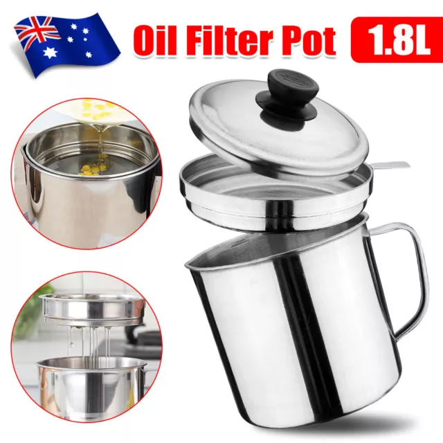 Oil Filter Pot Kitchen 1800ml Soup Container Strainer Stainless Steel Leakproof