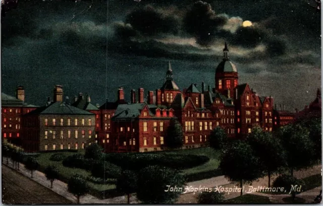 1908 Johns Hopkins Hospital at Night Baltimore Maryland MD postcard