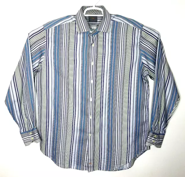 Thomas Dean Button Up Shirt Mens Large Blue Striped Long Sleeve Dress Casual