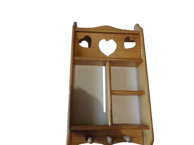 Wooden Wall Shelf Knick knack With  Cut Out swinging HEART and coat pegs