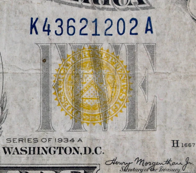 Emergency Issue $5 1934A North Africa Yellow Seal Silver Certificate K43621202A