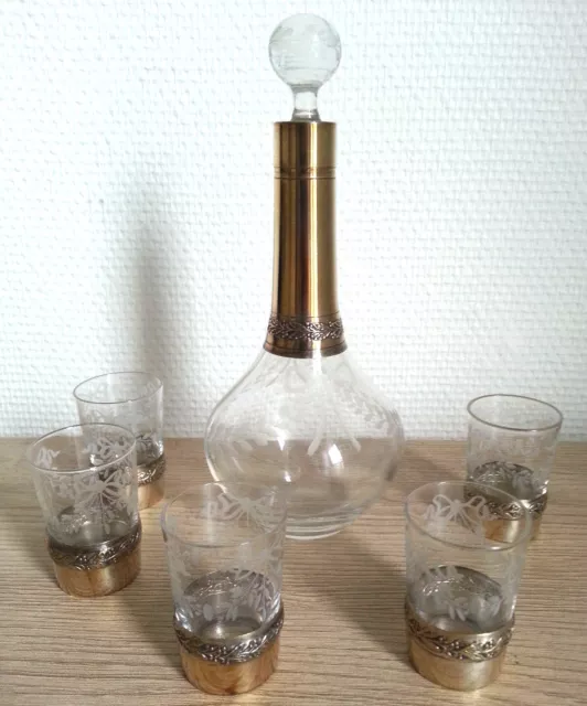 RAVISSANT ancien SERVICE A LIQUEUR CARAFE et 5 VERRES CRISTAL et METAL ARGENTE