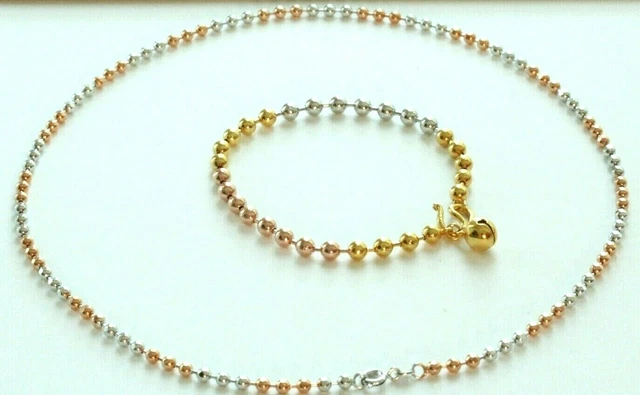 22K Thai Baht Dp Tricolor Gold Rolo Beaded ~ Set 18" Necklace & 7.5" Bracelet